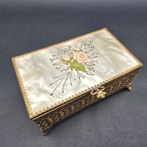 Vintage Hollywood Regency Gold Filigree Jewelry Box Lucite Floral Lid